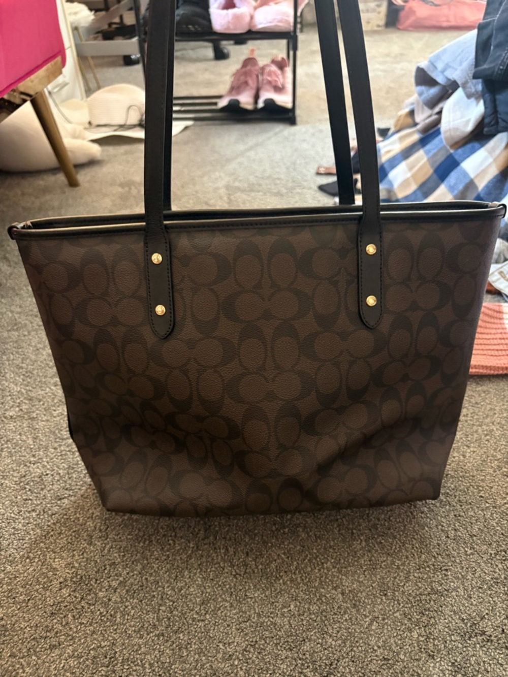 COACH Brown/Black Signature Canvas Tote - Picture 2 of 4